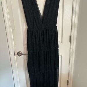 Black Pleated Maxi Gown with Plunge Neckline